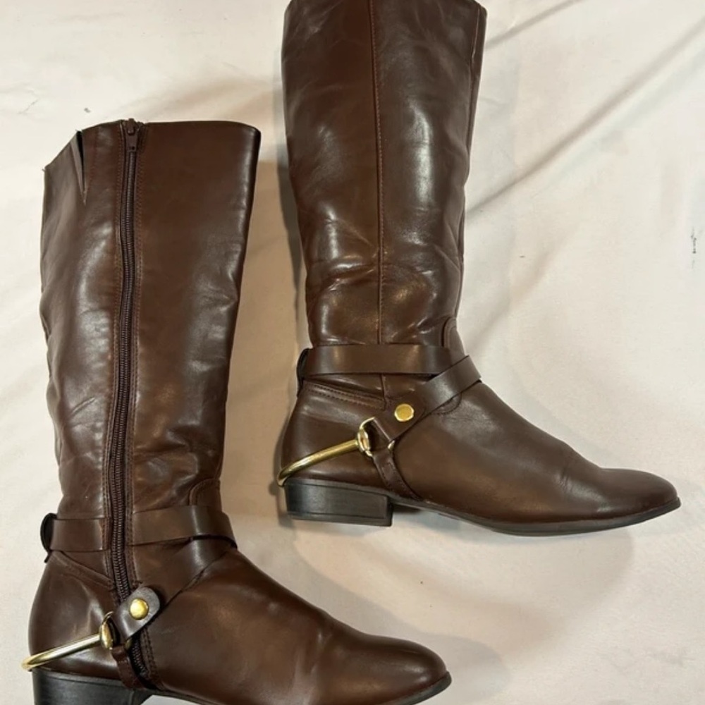 Merona Brown Leather Knee-High Riding Boots with Brass Harness